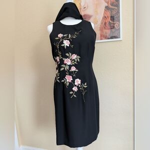 Karin Stevens Black Midi Dress With Beaded Floral Embroidery And Scarf